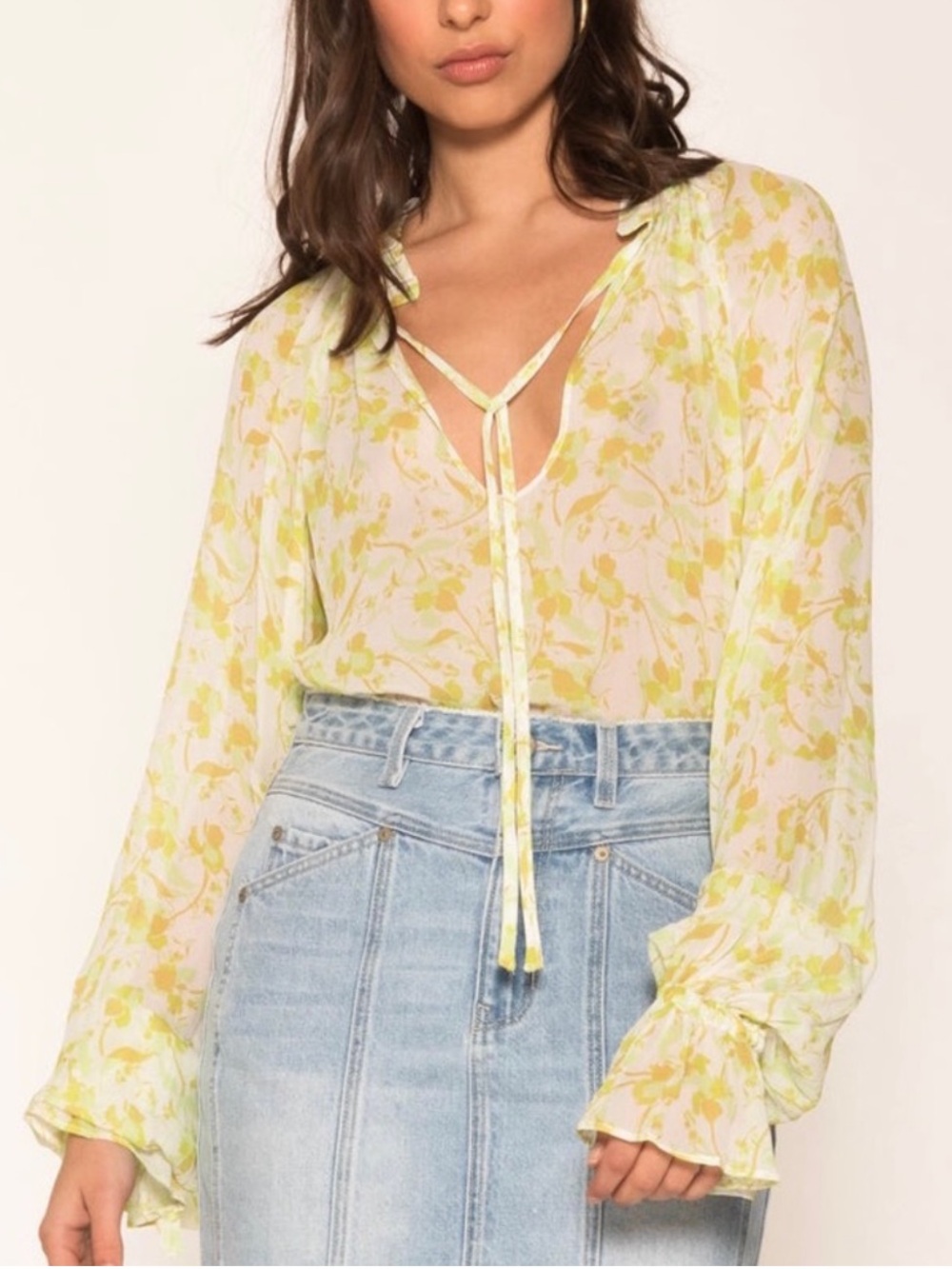Aureta Studio Anthropologie Women’s Sheer Mesh Yellow Floral Tie-Neck Blouse